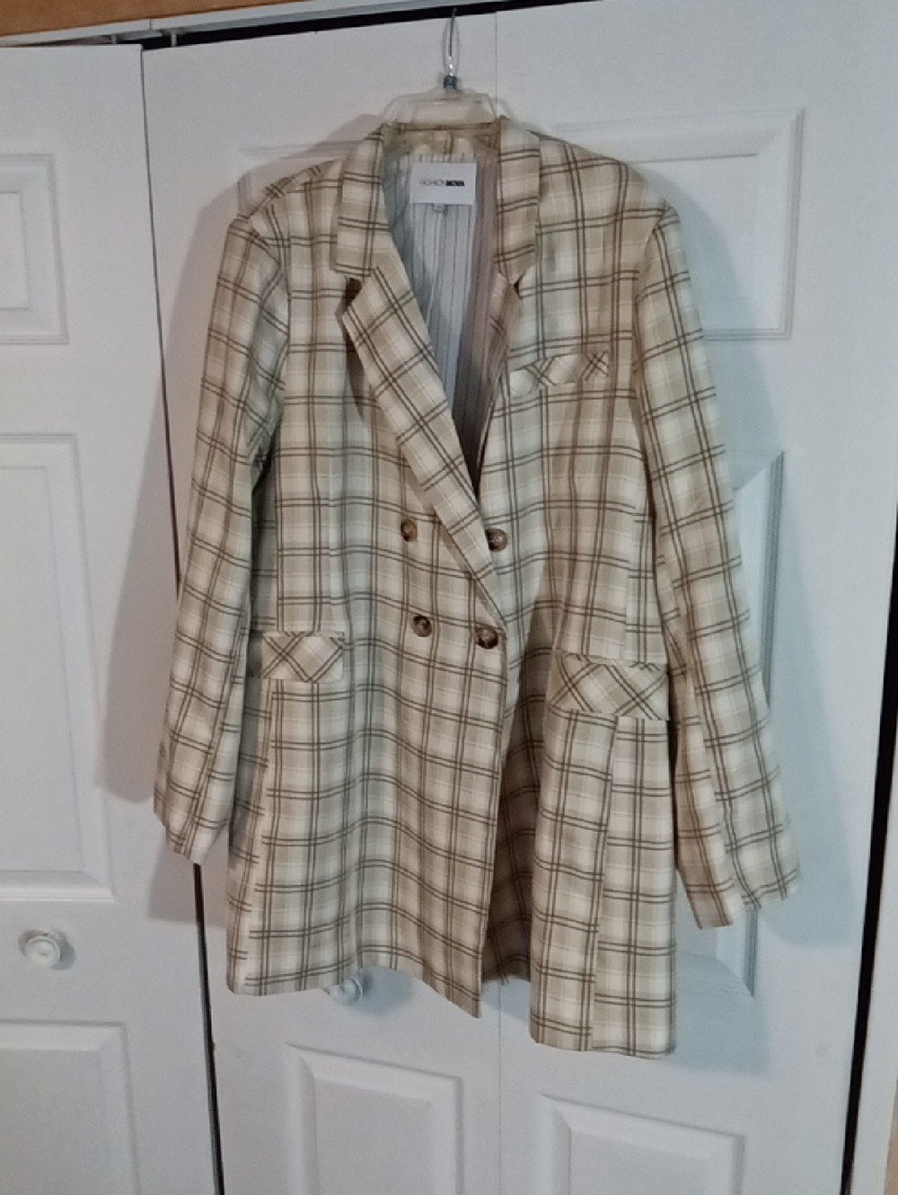 Fashion Nova Cream Plaid Double-Breasted Blazer